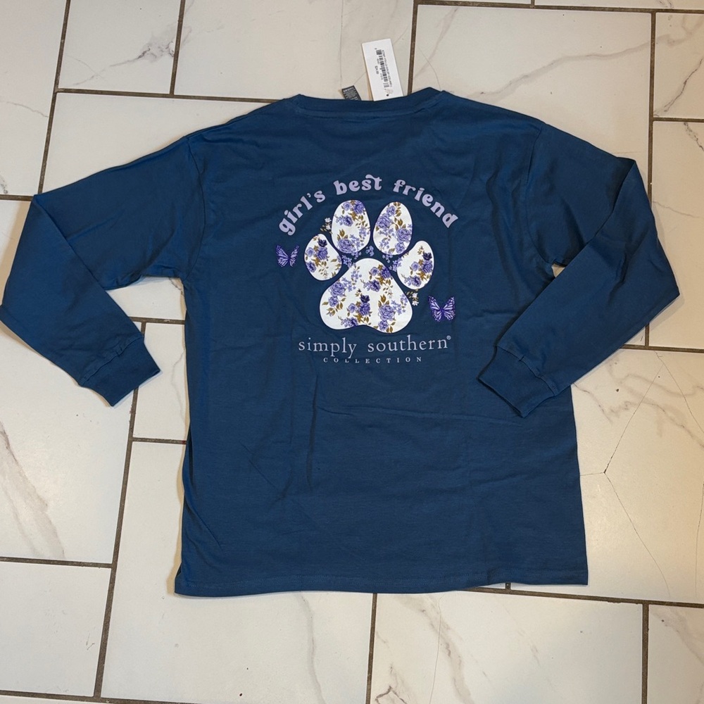 Simply Southern Girls Navy/Floral “Dog” Long Sleeve Tee - NWT, youth large
